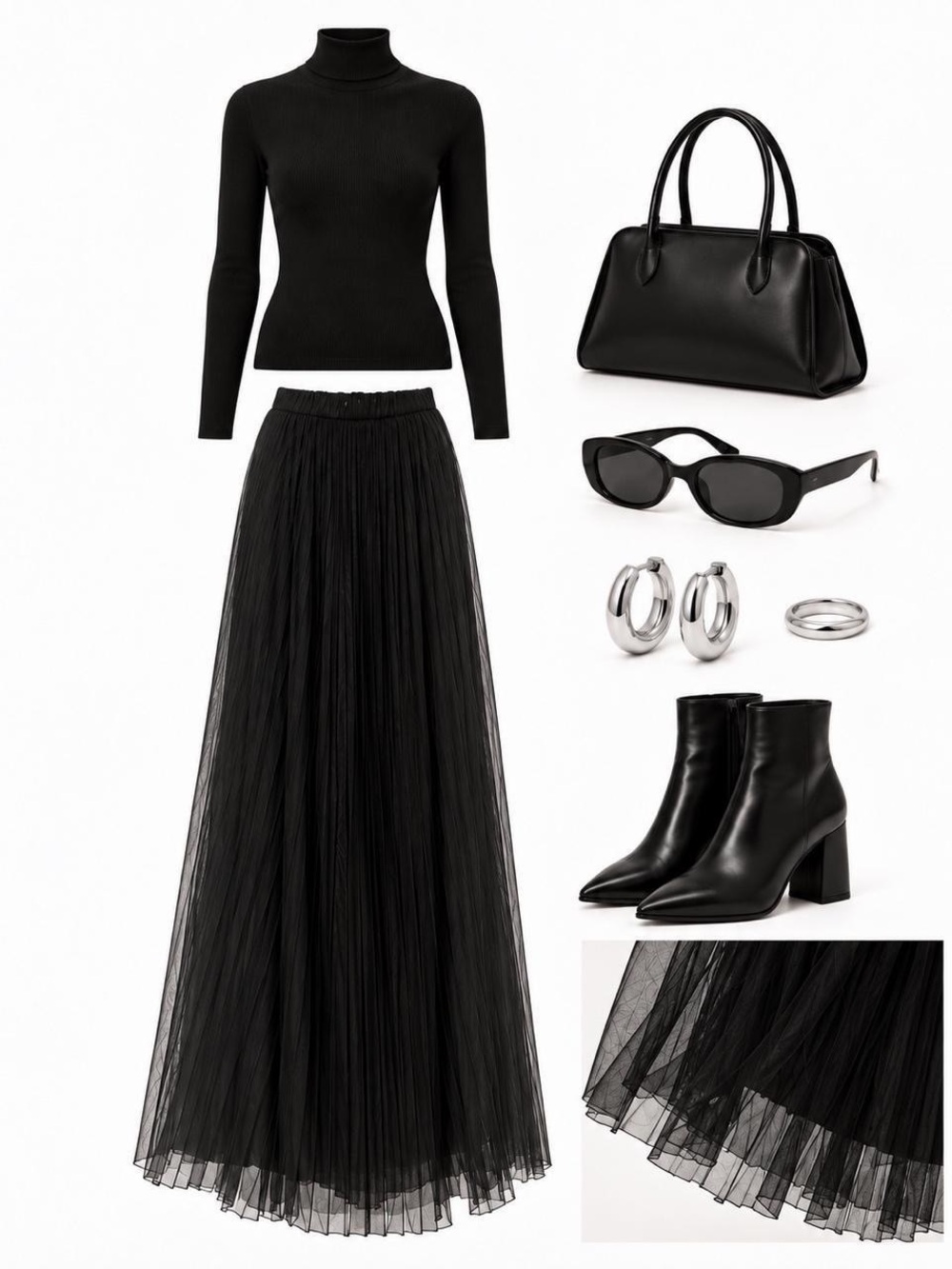 Black Pleated Maxi Skirt Sheer Overlay Elastic Waist S/M